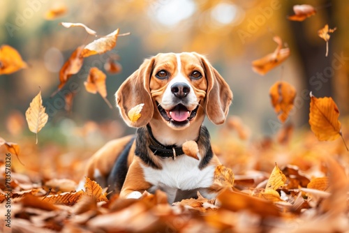 Smiling Beagle Enjoying the Warmth of a Sunny Autumn Afternoon Among Fallen Leaves © Olena Rudo