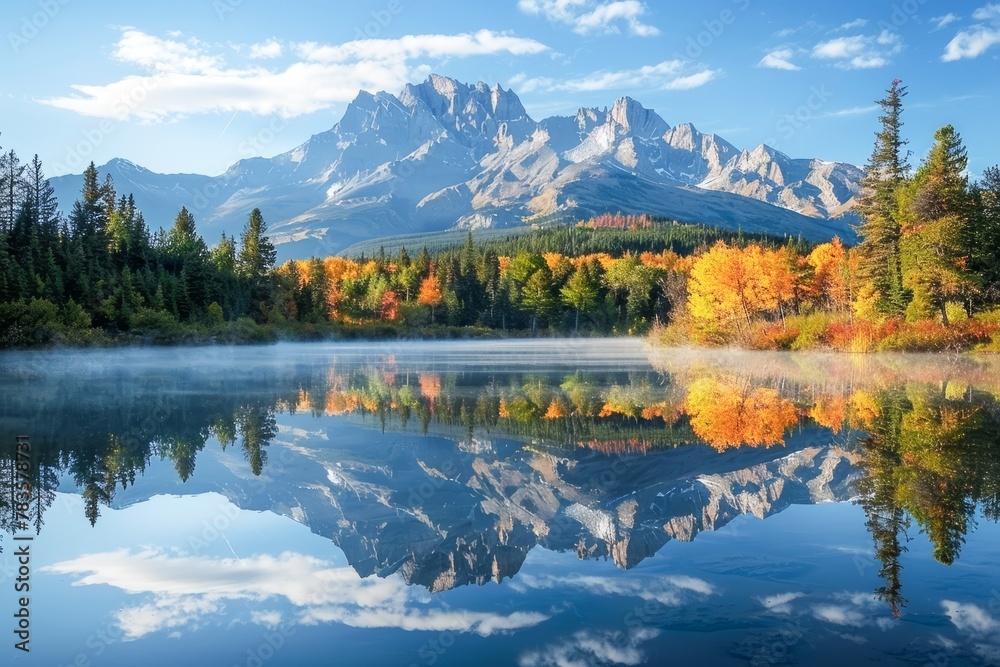 Serene Autumn Morning by a Crystal Clear Mountain Lake With Reflections