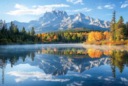 Serene Autumn Morning by a Crystal Clear Mountain Lake With Reflections