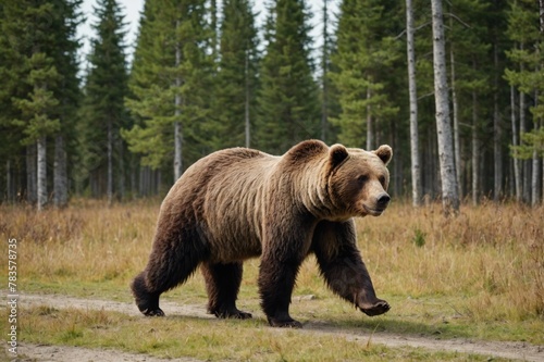 Tracking shot of adult furry brown bear walking and standing on ground in nature reserve on daytime © ThomasLENNE