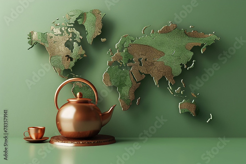 Copper tea set against the background of a world map. Copper and green shades.International Tea Day concept..3D rendering