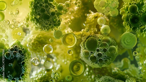 An abstract illustration of various types of algae showcasing how their oil content can be extracted and converted into biofuel. .