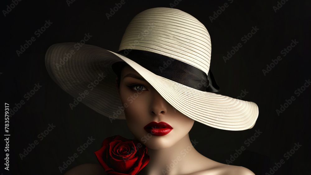 Mysterious portrait of a woman with a big hat and a red rose Mysterious portrait of a woman with a big hat and a red rose