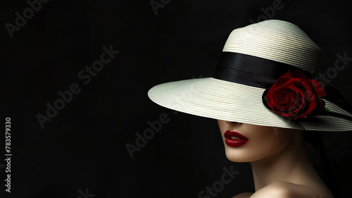 Mysterious portrait of a woman with a big hat and a red rose