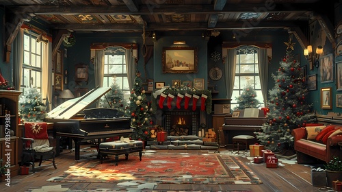A living room with a grand piano, a decorated Christmas tree, and family members singing carols together