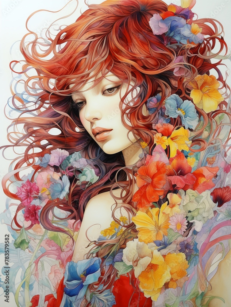 Illustrated image of a lady with brilliant colors, lengthy hair, with subtle, line drawn floral touches.