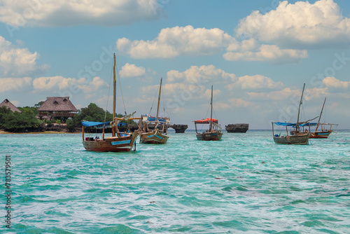 Beach at the village of Nungwi, Zanzibar, Africa, in the photo - the boats on which the tourists arrived