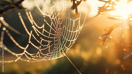 A macro image capturing the delicate details of a dew-covered spider web glistening in the morning sunlight