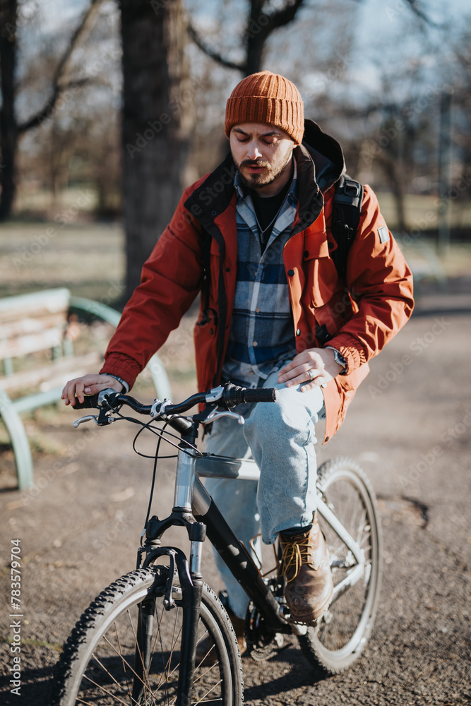 Focused young adult wearing a beanie and jacket bicycles leisurely on a sunny day in the park, showcasing an active lifestyle. Focused young adult wearing a beanie and jacket bicycles leisurely on a sunny day in the park, showcasing an active lifestyle.