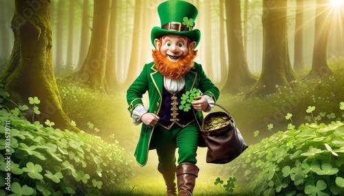 A cheerful leprechaun holds a pot of gold in a magical clover forest, a classic symbol of luck and wealth. AI Generation photo