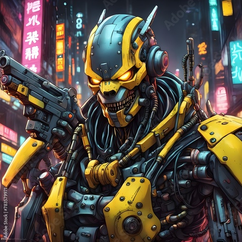 Cyberpunk robots cyborgs ninjas man brutal face gang steel dog head with heavy yellow gun