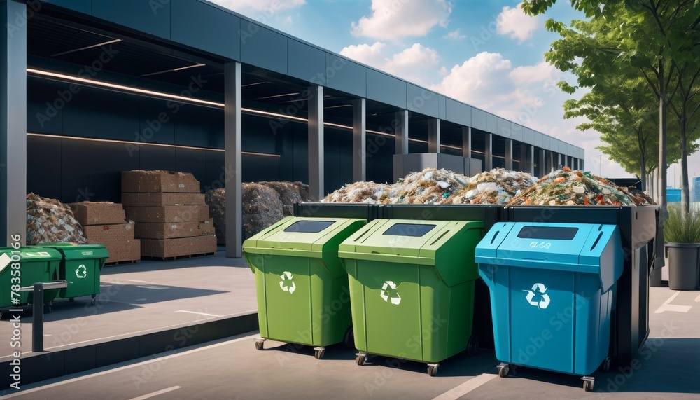 Full recycling bins for paper and organic waste stand in an urban setting, symbolizing the importance of environmental sustainability in modern cities. AI Generation Full recycling bins for paper and organic waste stand in an urban setting, symbolizing the importance of environmental sustainability in modern cities. AI Generation
