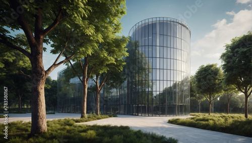 Sustainable glass office building with trees for carbon reduction.
