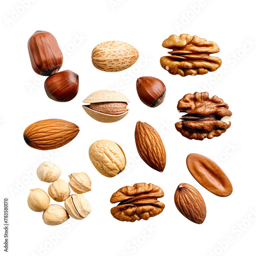 Nuts like almonds walnuts and pecans isolated on white background