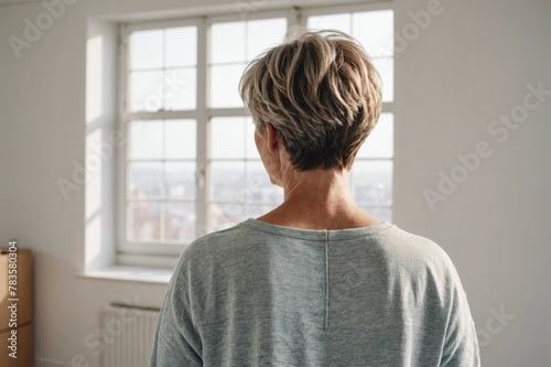 Back view middle aged female with short hair standing on white background in room with bright sunlight