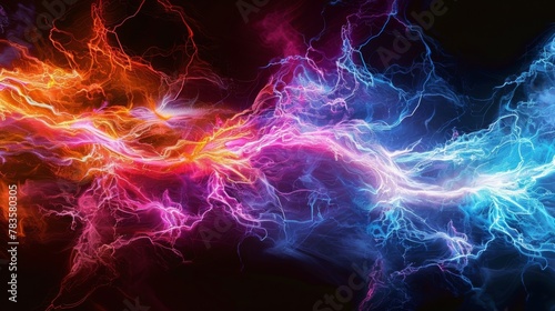 The intense energy of electric plasma arcs illuminates a pitch black environment with a colorful glow.