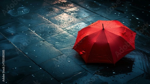 A lone red umbrella  a bright spot in the dark