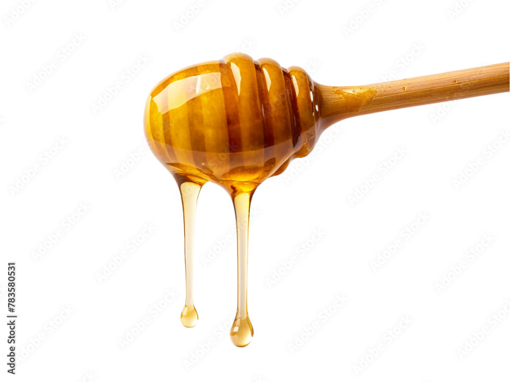 Honey dripping on wooden dripper isolated on transparent background Honey dripping on wooden dripper isolated on transparent background