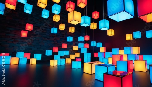 An art installation of suspended and floor-positioned cubes glowing in various hues against a dark backdrop, creating an illusion of floating lights.. AI Generation
