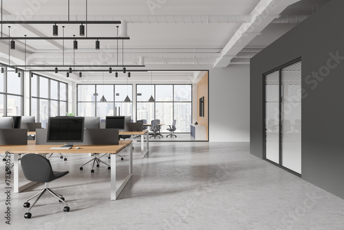 White and gray industrial style open space office interior with coworking and glass board room  gray wall with window