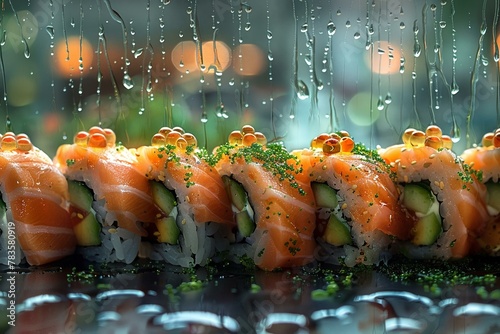 Pattering sushi rain, vibrant against a dusk sky backdrop photo