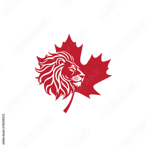 Red maple leaf with lion head vector logo design concept. Canadian maple leaf with lion symbol.