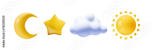 3d cartoon weather icons set. Sun, moon, star, clouds. Vector illustration. © lightgirl