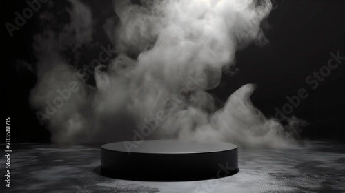 A black podium surrounded by smoke with great presentation. black, presentation, abstract, smoke.
