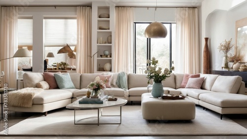 A collage of beautifully designed living rooms that clearly have modest budgets, lighter colors like creamy white, silvery gray, and muted pastels