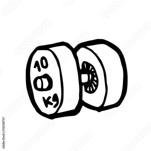 Dumbbell, a digital art of 10 kg of metal weight bodybuilding hand drawn icon illustration isolated on white background.