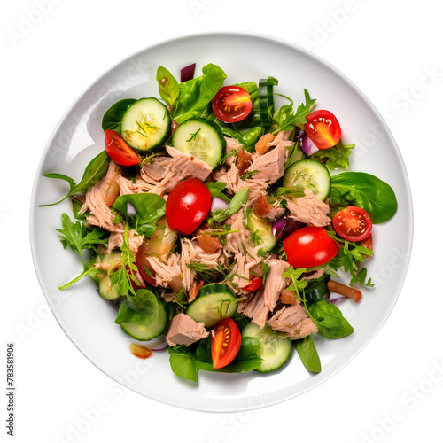 Salad with tuna and vegetables isolated on white background
