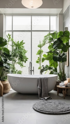 Modern Eco-Friendly Bathroom with Lush Green Plants and Freestanding Bathtub