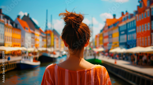 Tourist overlooking colorful Nyhavn harbor in Copenhagen, Denmark. photo