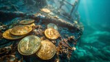 Bitcoin coins on a sunken shipwreck, depicting cryptocurrency risks and underwater investments