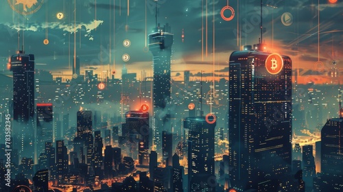 Futuristic cityscape with cryptocurrency symbols, glowing neon lights, and digital finance concept photo
