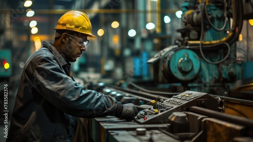 An engineer in workwear and helmet is operating a machine in a factory, engaged in mass production of composite materials with the use of gas and metal. AIG41