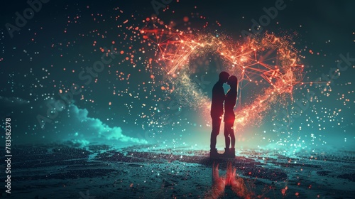 Silhouetted couple kissing within a heart-shaped network of lights, symbolizing love in the digital age