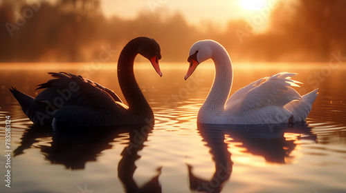 Black and White Swan Pair on a Misty Lake at Dawn, Reflection of Elegance photo