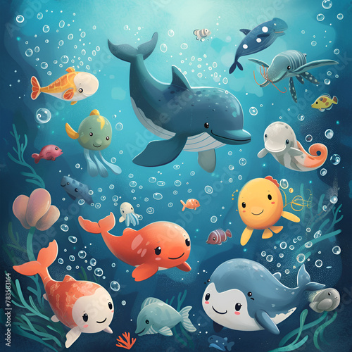 Fish and wild marine animals in ocean. Sea world dwellers, cute underwater creatures, coral reef inhabitants in their natural habitat, undersea fauna of tropics. Flat cartoon illustration.