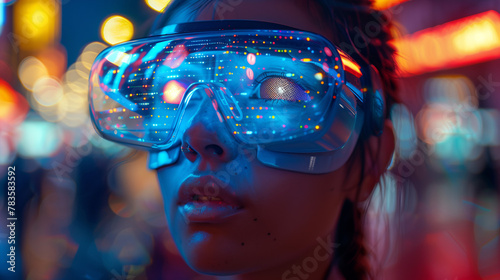 Immersive Journey of a Young Female in Holographic VR Goggles  Urban Neon Fantasy
