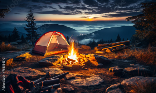 Starry Night Camping Adventure: Embrace Nature's Splendor with a Cozy Bonfire on a Scenic Mountain Ridge