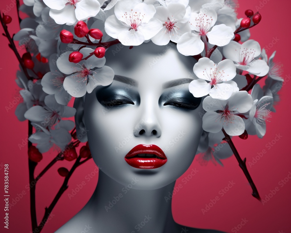 Black white and red image, cherry blossoms in color in shades, bold lipstick, modern digital art ,  illustration