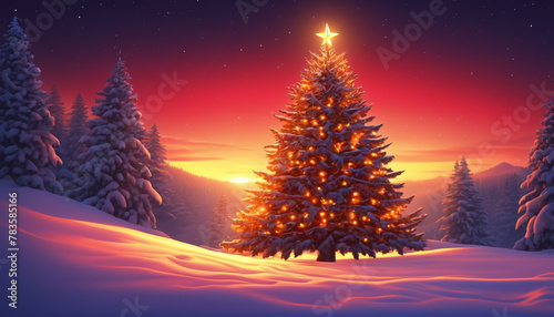 Illuminated Christmas Tree in Snowy Landscape at Sunset