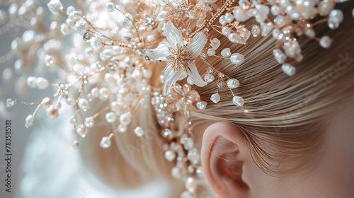 A close-up of a delicate, handcrafted headpiece featuring intricate beadwork.