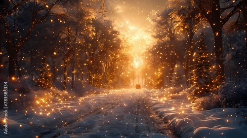 A magical winter wonderland scene with a snow-covered forest, twinkling stars, and a sleigh pulled by reindeer in the distance