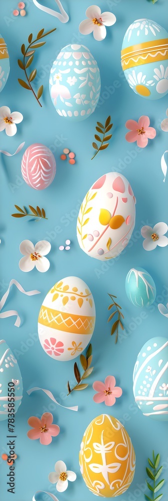 Clay Easter Eggs Spring Flowers Blue Background Seamless Pattern Clay Easter Eggs Spring Flowers Blue Background Seamless Pattern