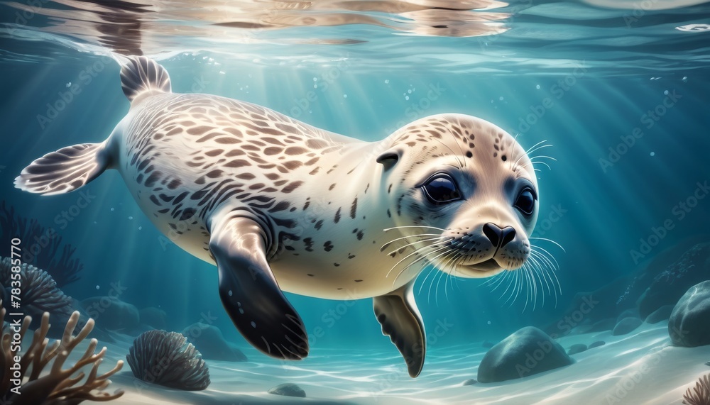 Fototapeta premium A spotted seal pup glides through clear blue underwater, with intricate details of marine life and rocks below.. AI Generation