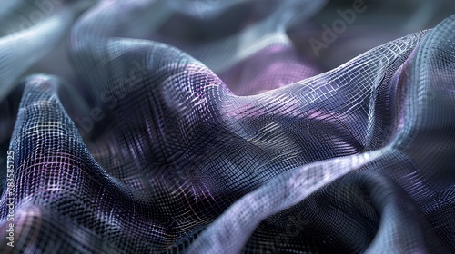 mesh material, highlighting its intricate pattern. thin lines thatform geometric shapes in shades of gray, purple, black. It's designed with visible threads and texture. generative AI