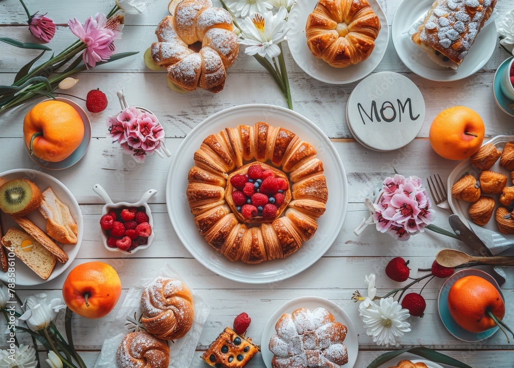  A sweet and affectionate Mother's Day table arrangement featuring cakes, fruits, and the word 