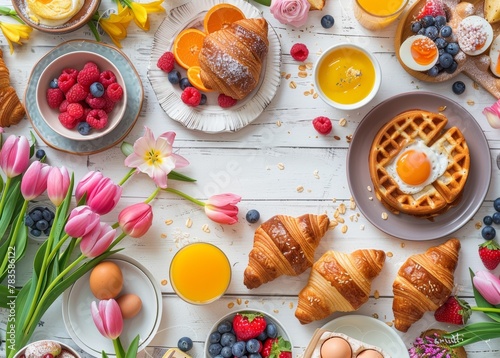 Wallpaper Mural A festive brunch layout with a variety of foods surrounded by spring tulips, creating a vibrant dining experience. Torontodigital.ca